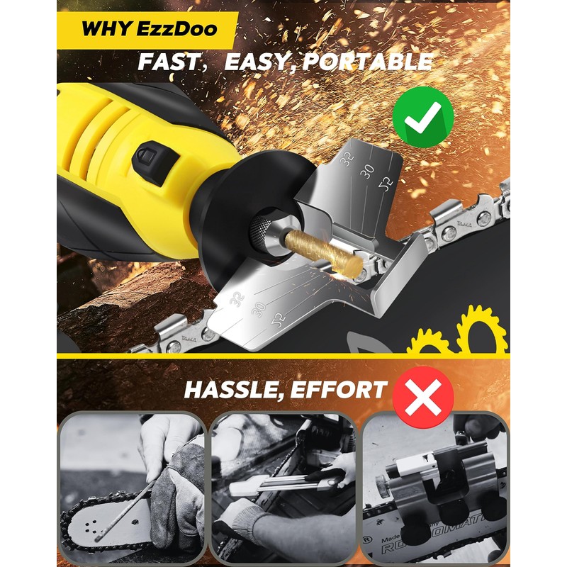EzzDoo Electric Cordless Chainsaw Sharpener Kit - Portable 12V Chain