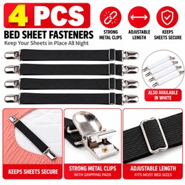 Adjustable Bed Sheet Fastener Straps, 4-Pack Elastic Sheet Grippers with Metal Clips
