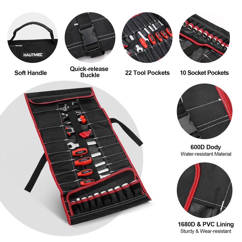 HAUTMEC 32-Pocket Tool Roll Bag, Heavy-Duty Wrench & Screwdriver Organizer,