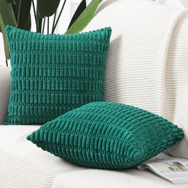 Madizz Pack of 2 Boho Striped Corduroy Throw Pillow Covers 26x26 inch, 65x65 cm, Dark Green Soft Decorative Cushion Cover for Sofa Bedroom Pillow Shell