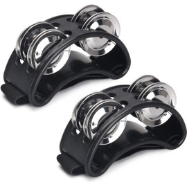 2Pc Black Foot Tambourine Percussion, Double Row Metal Jingle Tambourine, Foot Percussion Shakers with Elastic Strap for Concert Performance Drum and Guitar Playing