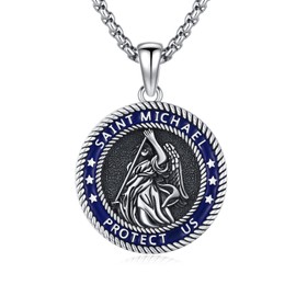 AOSAIB St Michael Necklace for Men 925 Sterling Silver Archangel Michael Necklace Saint Michael Pendant Blue De San Miguel Medal Jewelry for Men Women