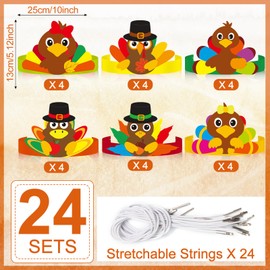 Qyeahkj 24 Sets Thanksgiving Turkey Headbands Fall Craft Kits DIY, Turkey Paper Hats Autumn Crown with Fall Leaf Turkey Pumpkin Stickers Art Sets for Thanksgiving Kids Party Class Home Activity