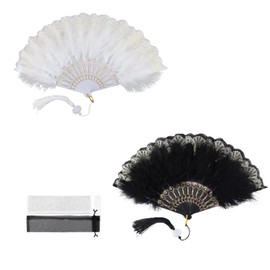 WJUAN Fan 2 Pieces, Fan Vintage, Foldable, Classic Black and White, Hand Fan, Plastic Ribbon Spring, Elegant Tassel Design, Suitable for Weddings, Banquets, Dances