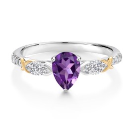 Gem Stone King 925 Silver and 10K Yellow Gold Purple Amethyst and White Lab Grown Diamond Engagement Ring For Women | 0.93 Cttw | Pear Shape 7X5MM | Gemstone February Birthstone | Size 6