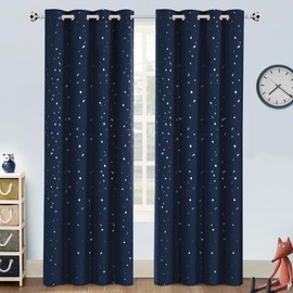 Blackout Kids Curtains for Bedroom Thermal Insulated Silver Twinkle Star Curtains for Boys Antique Grommet Top Window Treatment 2 Panels Drapes for Nursery, Soft Thick (52"W x 84"L, Navy/Silver)