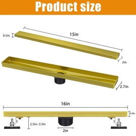 Linear Shower Drain Gold 16 Inch,304 Stainless Steel with Adjustable Leveling Feet, Hair Strainer,Reversely Install the Floor Drain Cover and Place the Ceramic Tiles to Create an Invisible Floor Drain