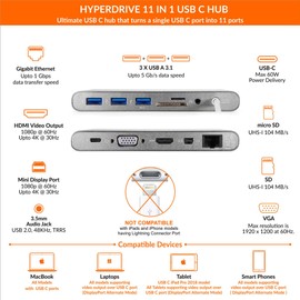 HyperDrive Ultimate 11-in-1 USB C Hub - Type-C Adapter for MacBook Pro/PC, USB-C Devices, HyperDrive USB C Hub w/PD Charging, 5Gbps Data, 4K HDMI, 3xUSB 3.1, VGA, Ethernet Docking Station