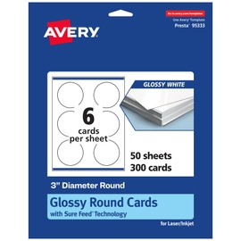 Avery Printable Round Cards with Sure Feed Technology, 3" Diameter, Glossy White Cardstock, Print-to-The-Edge, Laser/Inkjet, 300 Total, Great for Round Business Cards and Note Cards
