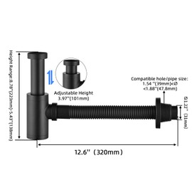 GORDEE Bathroom Sink P-Trap Drain, Adjustable 1-1/4 Bottle P Trap Solid Brass Sink Drain,Threaded Tube Design for Bending Angles, General US/CA Standard, Matte Black