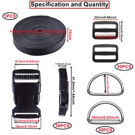 HUAZIZ Pack of 30 Buckles for 15 mm Webbing, Adjustable Side Release Plastic Buckles, 30 Pieces Metal D Ring Buckle 15 mm for Paracord Bracelets Dog Collar Backpacks Black, black