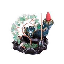 Jovivi Backflow Incense Burner Ceramic Incense Waterfall, Natural Green Aventurine Healing Crystal Money Tree Incense Holder for Wealth, Good Luck, Yoga Meditation, Home Decor