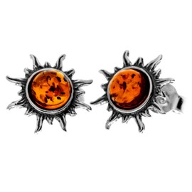 Genuine Round Baltic Amber and 925 Sterling Silver Studs Sun Stars Style Earrings - 8549 (Cognac)