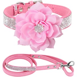 Haoyueer Cute Dazzling Sparkling Elegant Fancy Soft Suede Leather Bling Rhinestone Crystal Jeweled Pet Cat Dog Puppy Collar Dog Leash Combo Set (Pink7, XS)