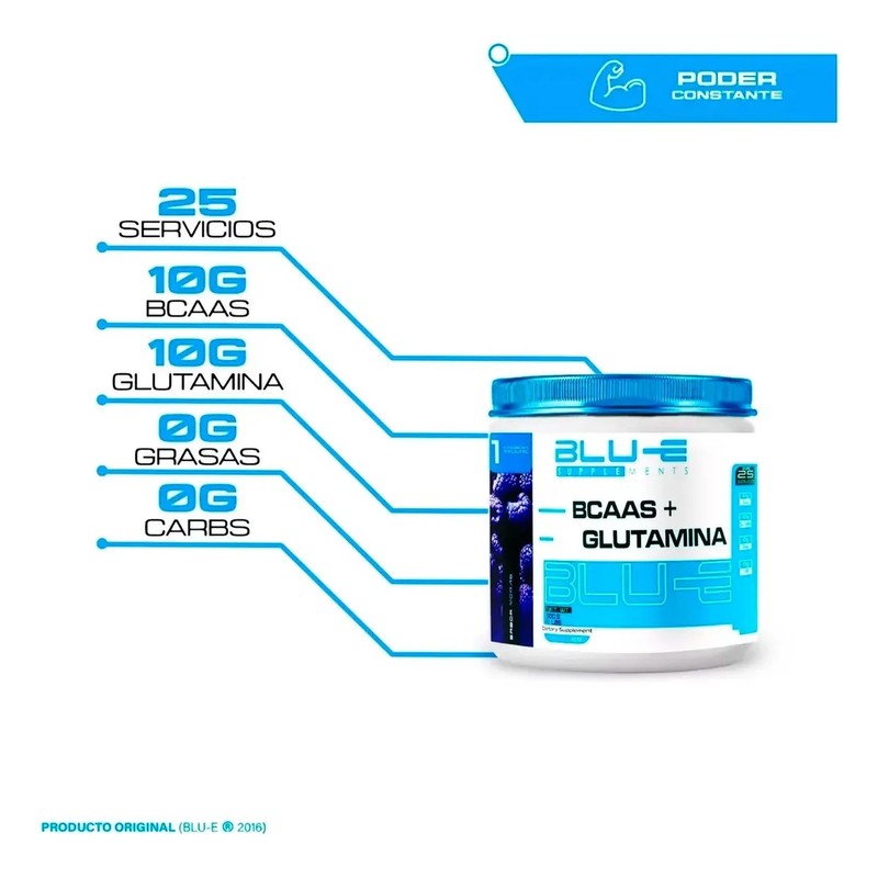 BCAAs Glutamina BLU-E en Polvo Sabor Moras, 500g