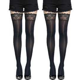 Silver & Style Thigh High Stockings, Glossy Lace, Anti-Slip, Long, Over the Knee High Socks, Cosplay, Black 2 Pair Set