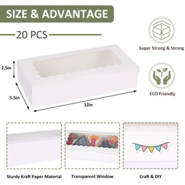 Moretoes 20 Pack Cookie Boxes, 12x5.5x2.5Inche Bakery Boxes with Window, Treat Boxes for Chocolate Covered Strawberries, Donuts