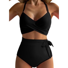 Dokotoo Womens Swimsuits Bikini Set for Women 2 Piece High Waisted Bikinis Summer 2025 Beach Vacation Essentials Adjustable Straps Cross Front Bathing Suits Tummy Control Swim Suits,Black Small