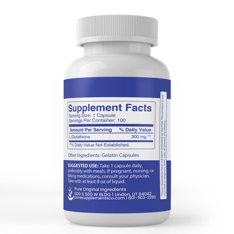 PURE ORIGINAL INGREDIENTS L-Glutathione, (100 Capsules) Reduced, Always Pure, No