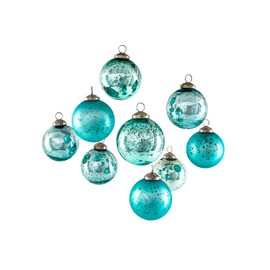Serene Spaces Living Set of 9 Assorted Teal Glass Ball Ornaments for Christmas Tree, Holiday Decorations, Winter Wedding, Table Centerpiece, Window Box, Measures 3" Diameter