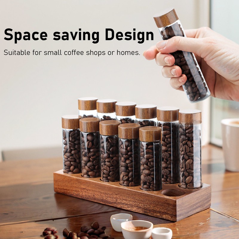 Coffee Bean Storage Tubes with Walnut Wood Stand Lid Glass