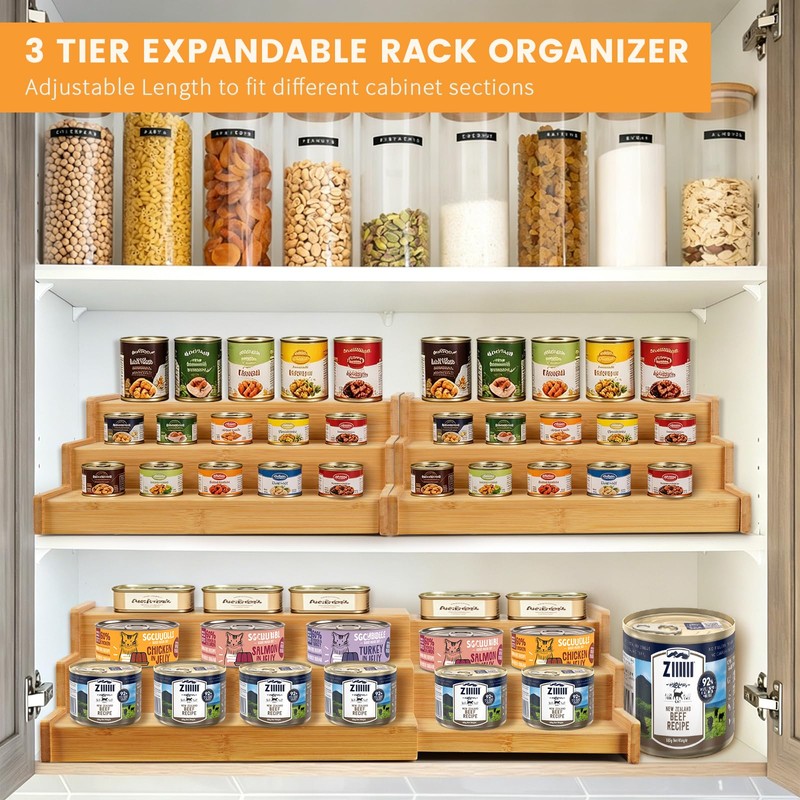 Expandable Bamboo Can Rack Organizer, 3 Tier Canned Food Storage