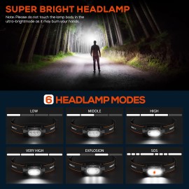 NIGHTEYE 2000LM LED Rechargeable Headlamp 6 Mode Light Waterproof for Hiking Camping Lamp