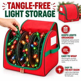 Christmas Lights Storage Bag with U-Shaped Zipper, Oxford Fabric Holiday Decoration Organizer for Seasonal Storage, Red