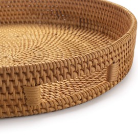 Coffee Table Tray Round Rattan Ottoman Tray Woven Serving Trays with Handles for Home and Kitchen Decorative Natural (Large 14 inch x 2.8 inch)