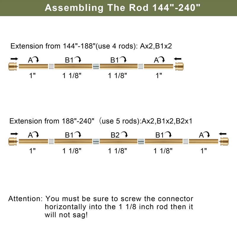 1 1/8 Inch Diameter Curtain Rods 144 to 240 Inches(12-20ft),