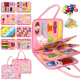 Esjay Toddler Busy Board, Montessori Toys for 1 2 3 4 Year Old, Sensory Activity Board Toy for Fine Motor Skills Learning, Gifts for Girls Boys, Toys for Travel Airplane Car(Pink MultiPage)