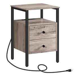 HOOBRO Nightstand, End Table with Charging Station and USB Ports, Side Table with 2 Drawers and Storage Shelf, Bedside Table for Small Spaces and Living Room, Bedroom, Greige and Black BG431BZ01G2