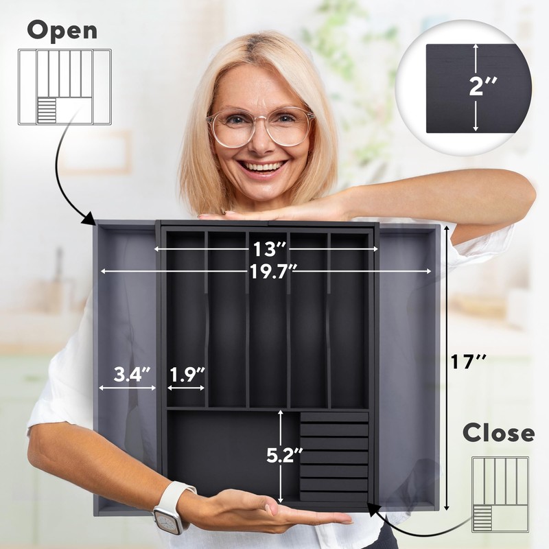 Premium Expandable Kitchen Drawer Organizer - 100% Bamboo Organizer Tray