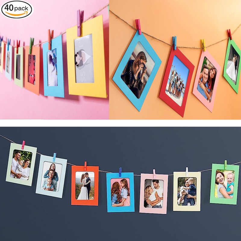 40PACK DIY Kraft Paper Cardboard Photo Frame with Wooden Clips