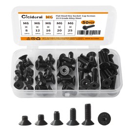 Cicidorai M6 x 8mm 12mm 16mm 20mm 25mm Flat Head Hex Socket Cap Screws Countersunk Bolts, 10.9 Grade Alloy Steel, Black Oxide Finish, Fully Threaded, Metric Allen Hex Drive, Assortment Kit 50Pcs