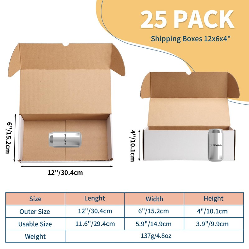 ZBEIVAN 12x6x4 White Shipping Boxes Set of 25, Corrugated Cardboard