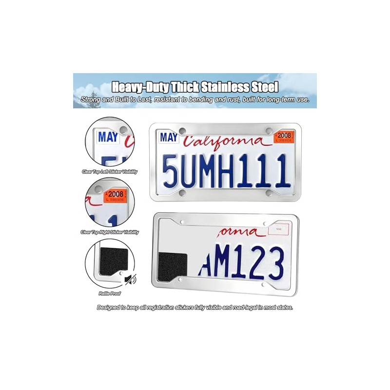 Rugged Stainless Steel License Plate Frame 2 Pack, Resistant Rustproof