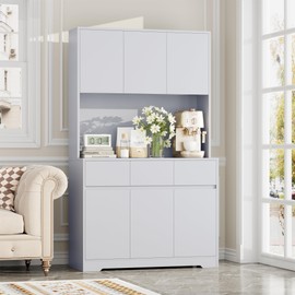 FINETONES 71'' Tall Kitchen Pantry Storage Cabinet with Power Outlets and Led Lights, Large Kitchen Hutch Buffet Cabinet with Microwave Stand, Pantry Cabinet Kitchen Cabinet with Buffet Cupboard, Grey