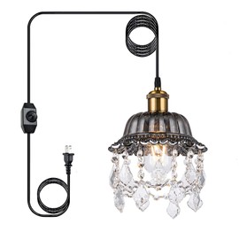 cloylinc Hanging Light Grey Glass Swag Light with 14.7 Ft Plug-in Cord and On/Off Dimmer Switch, Modern Crystal Chandelier Plug in Pendant Light for Bedroom Kitchen Sink, 9.84 inches, 1-Pack