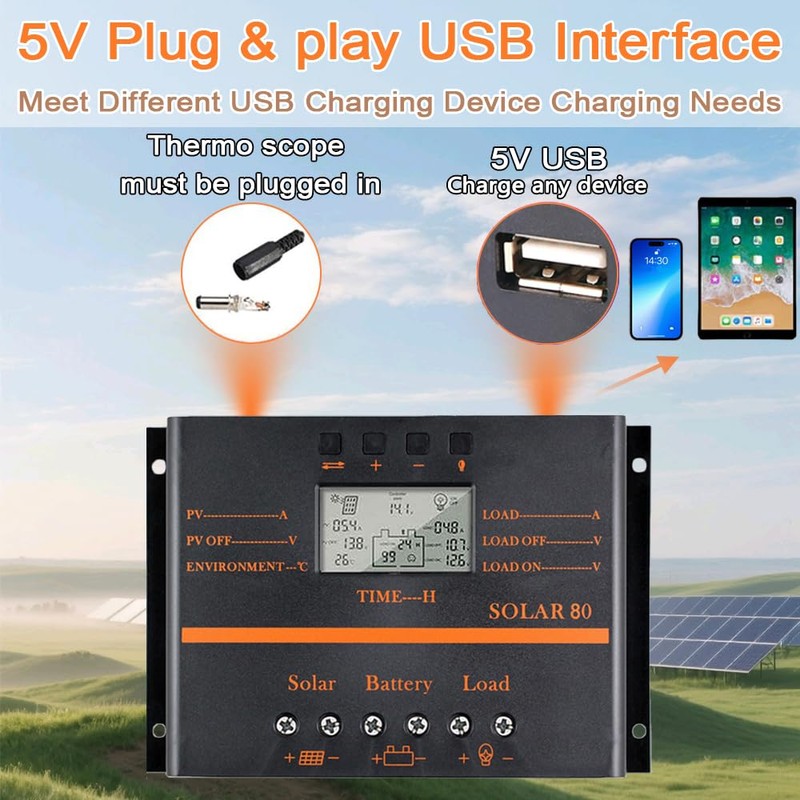 Solar Controller 80A 12V / 24V Battery Charge Regulator Auto