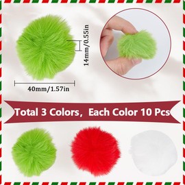 SUNNYCLUE 1 Box 30Pcs 40mm Christmas Pom Pom Balls Puff Ball Large Soft Fluffy Pom Poms Xmas Assorted Color Red Green White Pompoms Artificial Wool Ball Bulk for DIY Creative Crafts Decorations
