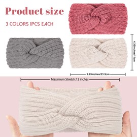 Ruzister Pack of 3 Headbands, Women's Winter Knitted Headband, Ear Warmers, Elastic, Autumn and Winter Versatile Headband for Women, Beige, Grey, Pink