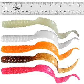 15pcs 8" (with Tail Extended) Curly Single Tail Perch Grub Lure 5 inch Scampi Soft Bait 5-Color Set Pink Orange Whie Root Beer Glow