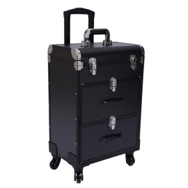 RocoReny 3 Tier Rolling Makeup Train Case Travel Cosmetic Trolley with 360° Rotation Wheels for Professional Salon Barber Traveling Cart Trunk Cosmetic Beauty Storage (Black)