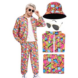 Antsparty Retro 80s 90s Outfit for Men, 80s Fancy Dress with Sportswear Jacket Pants Hat and Glasses, Vintage Beach Tracksuit for Themed Disco Party Costumes