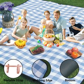 Campsuper 79”x79” Picnic Blanket Extra Large, Waterproof and Foldable Beach Blanket, 3-Layer Outdoor Blanket for 6 to 8 Adults, for Camping, Park, Beach, Grass, Indoors (Blue and White Grids)