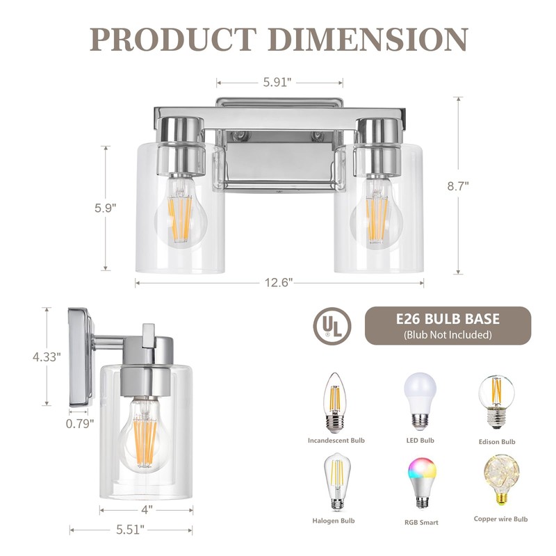 AURYNIX 2-Light Bathroom Light Fixtures Modern Chrome Vanity Lights with
