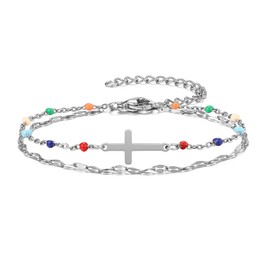 Zysta Dainty Cross Bracelet with Colourful Beads Double Layered 14k Gold Silver Plated Crucifix Chain Link Bracelets Communion Confirmation for Women (Silver)