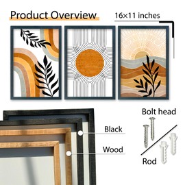 SRSZHIYUE Boho Art Wall Decor Wooden Framed 16x11 Inch Set of 3 Geometric Sun Desert Plant Wall Art for Bedroom Living room Hanging (Black)