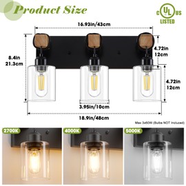 Licperron Farmhouse 3-Lights Wood Bathroom Vanity Light, Rustic Black Bathroom Light Fixtures Over Mirror, Vintage Vanity Wall Sconce Light with Clear Glass Shades for Living Room, Bedroom, Hallway